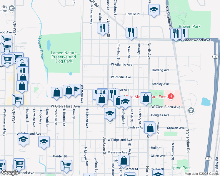 map of restaurants, bars, coffee shops, grocery stores, and more near 1401 North Jackson Street in Waukegan