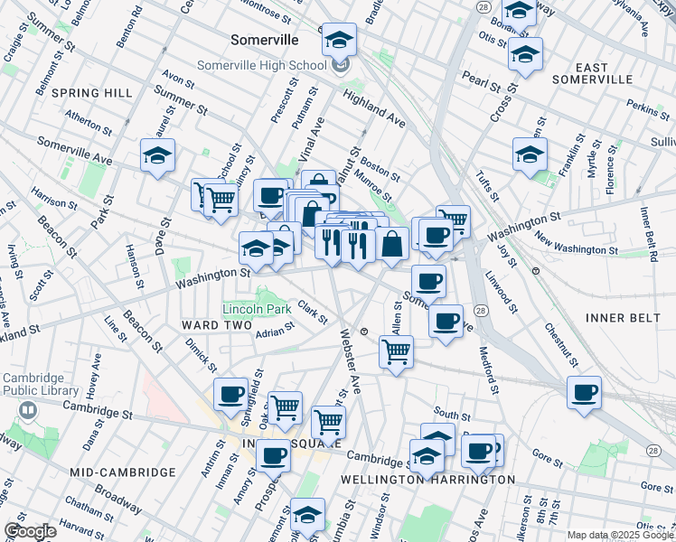 map of restaurants, bars, coffee shops, grocery stores, and more near 9 Union Square in Somerville