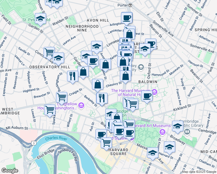 map of restaurants, bars, coffee shops, grocery stores, and more near 16 Chauncy Street in Cambridge
