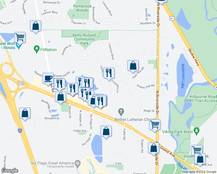 map of restaurants, bars, coffee shops, grocery stores, and more near 1350 Stratford Drive in Gurnee