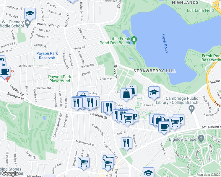map of restaurants, bars, coffee shops, grocery stores, and more near 3 Crescent Road in Belmont