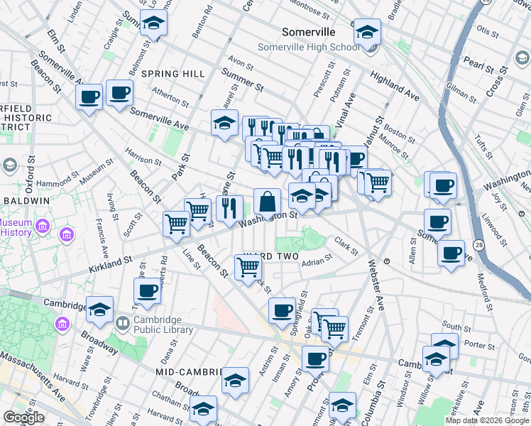 map of restaurants, bars, coffee shops, grocery stores, and more near 329 Washington Street in Somerville