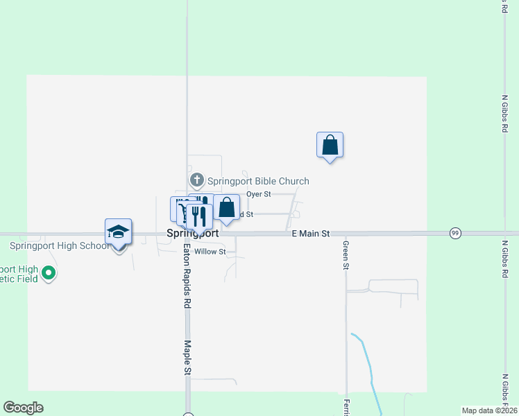 map of restaurants, bars, coffee shops, grocery stores, and more near 325 Grand Street in Springport