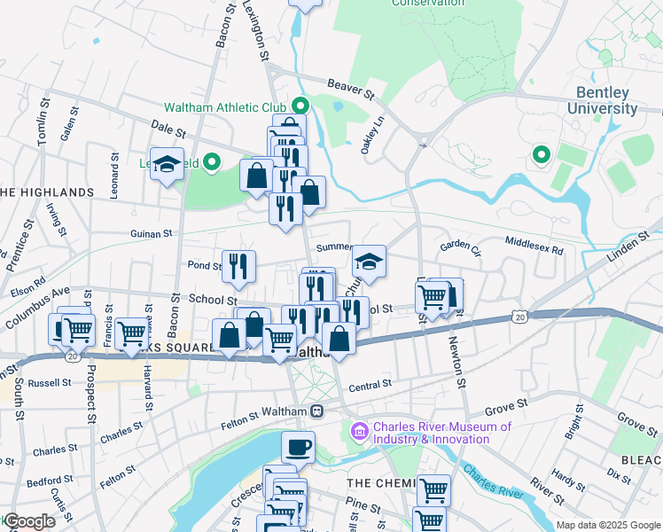 map of restaurants, bars, coffee shops, grocery stores, and more near 20 Warren Avenue in Waltham