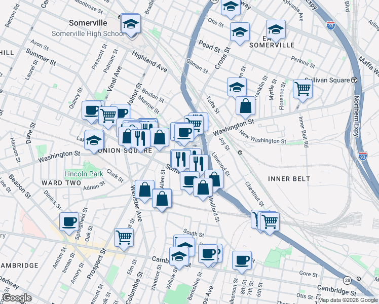 map of restaurants, bars, coffee shops, grocery stores, and more near 192 Washington Street in Somerville