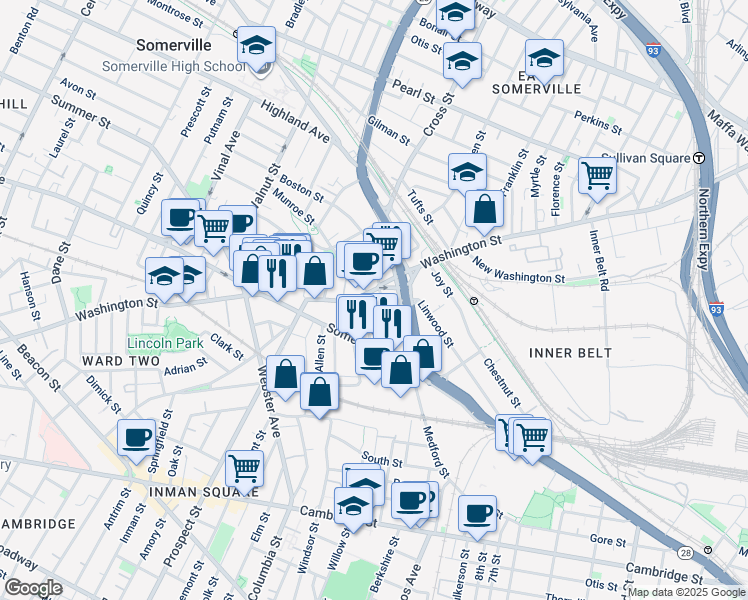 map of restaurants, bars, coffee shops, grocery stores, and more near 192 Washington Street in Somerville