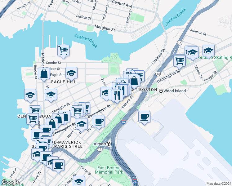 map of restaurants, bars, coffee shops, grocery stores, and more near 416 Saratoga Street in Boston