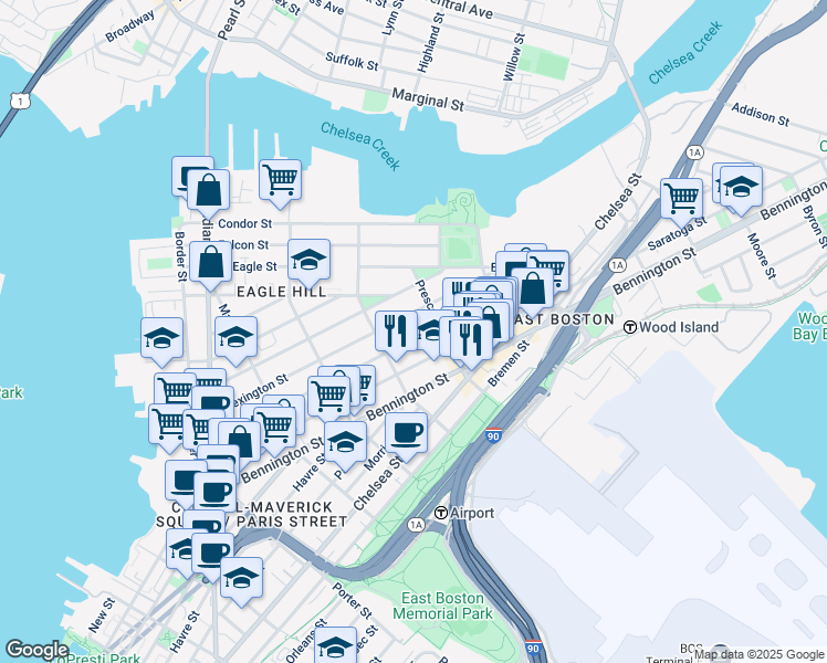 map of restaurants, bars, coffee shops, grocery stores, and more near 242 Princeton Street in Boston