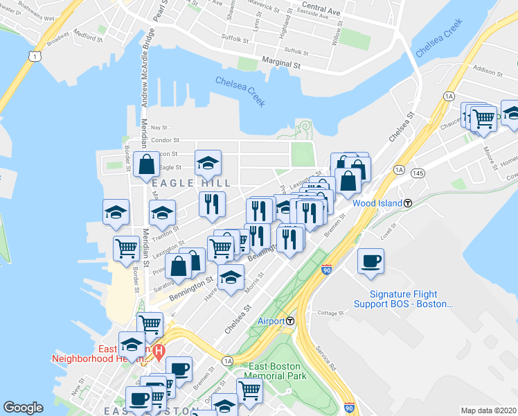 map of restaurants, bars, coffee shops, grocery stores, and more near 199 Lexington Street in Boston