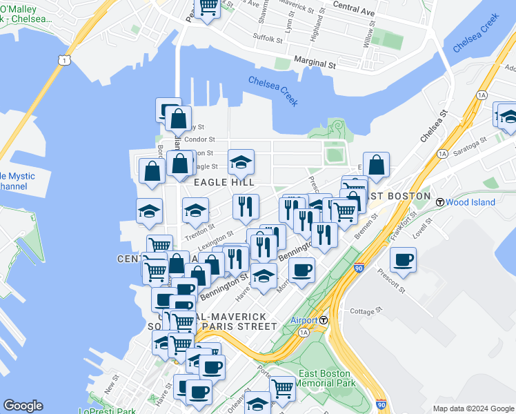 map of restaurants, bars, coffee shops, grocery stores, and more near 139 Trenton Street in Boston