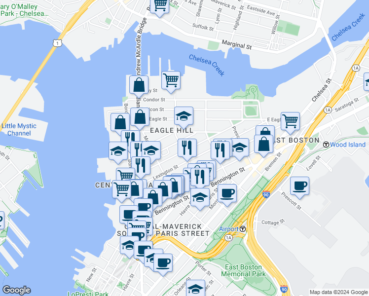 map of restaurants, bars, coffee shops, grocery stores, and more near 166 Brooks Street in Boston