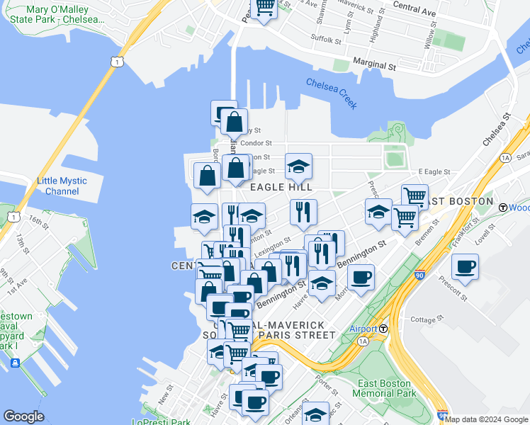 map of restaurants, bars, coffee shops, grocery stores, and more near 66 Eutaw Street in Boston