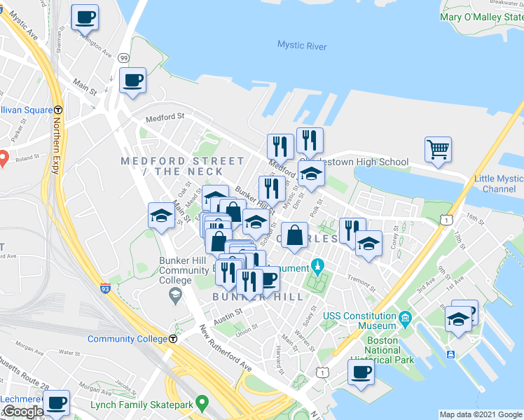map of restaurants, bars, coffee shops, grocery stores, and more near 244 Bunker Hill Street in Boston