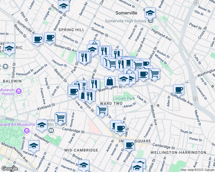 map of restaurants, bars, coffee shops, grocery stores, and more near 8 Leland Street in Somerville