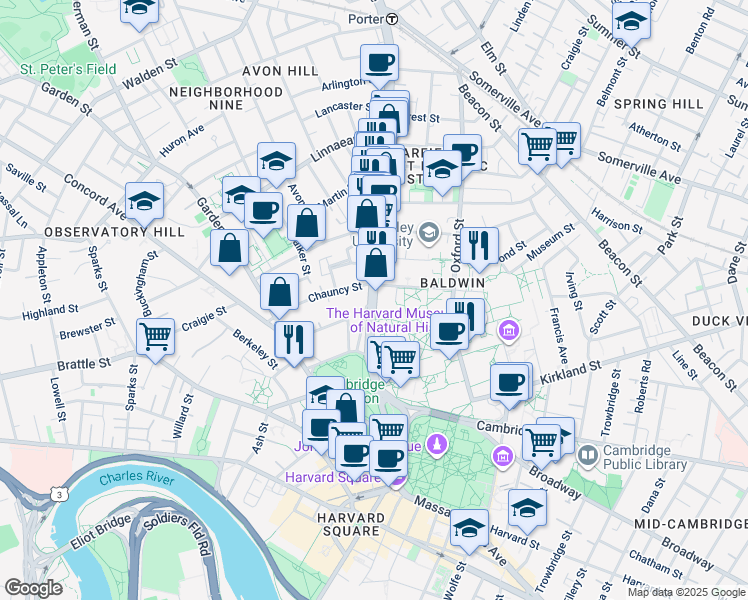 map of restaurants, bars, coffee shops, grocery stores, and more near 1587 Massachusetts Avenue in Cambridge