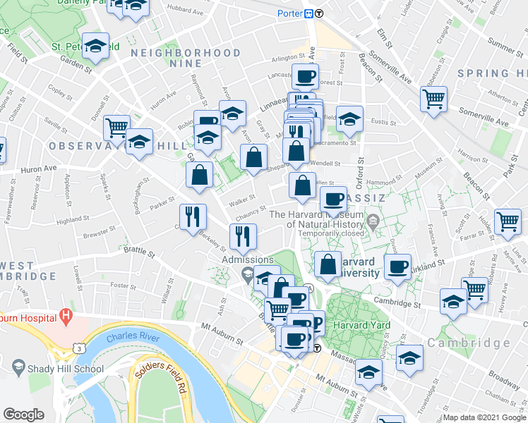 map of restaurants, bars, coffee shops, grocery stores, and more near 16 Chauncy Street in Cambridge