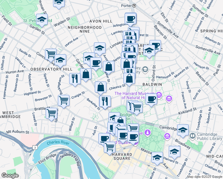 map of restaurants, bars, coffee shops, grocery stores, and more near 16 Chauncy Street in Cambridge