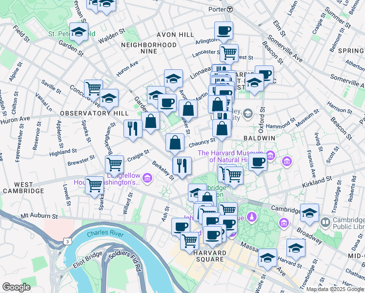 map of restaurants, bars, coffee shops, grocery stores, and more near 2 Walker Street Place in Cambridge
