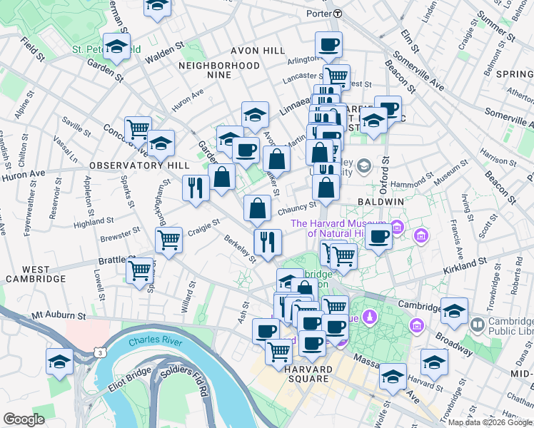 map of restaurants, bars, coffee shops, grocery stores, and more near 2 Walker Street Place in Cambridge