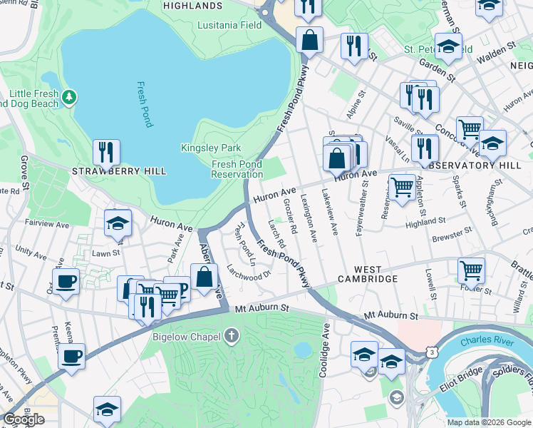 map of restaurants, bars, coffee shops, grocery stores, and more near 138 Larch Road in Cambridge