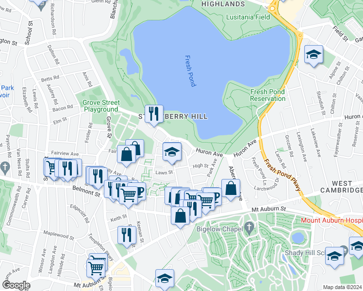 map of restaurants, bars, coffee shops, grocery stores, and more near 626 Huron Avenue in Cambridge