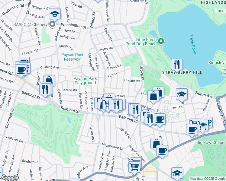 map of restaurants, bars, coffee shops, grocery stores, and more near 35 Harvard Road in Belmont
