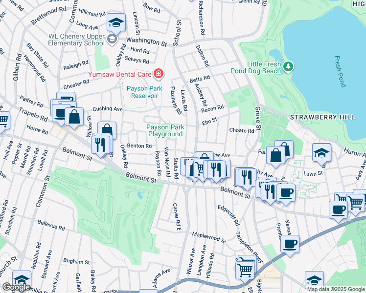 map of restaurants, bars, coffee shops, grocery stores, and more near 80 Lewis Road in Belmont