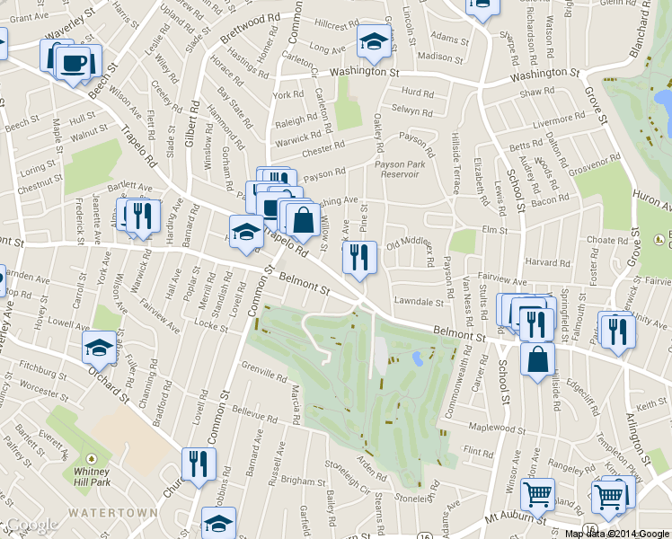 map of restaurants, bars, coffee shops, grocery stores, and more near 41 Trapelo Road in Belmont