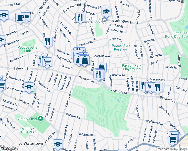 map of restaurants, bars, coffee shops, grocery stores, and more near 41 Trapelo Road in Belmont