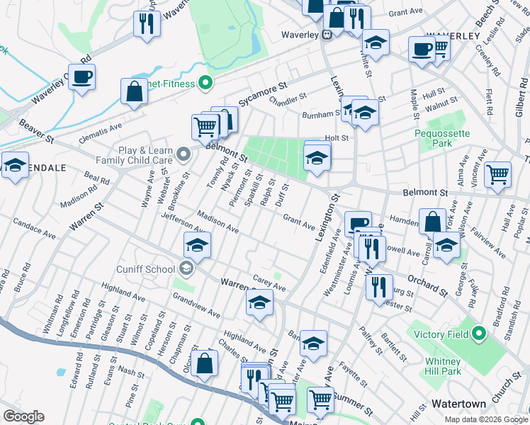 map of restaurants, bars, coffee shops, grocery stores, and more near 54 Ralph Street in Watertown