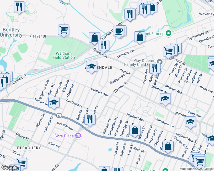 map of restaurants, bars, coffee shops, grocery stores, and more near 5 Cleveland Road in Waltham