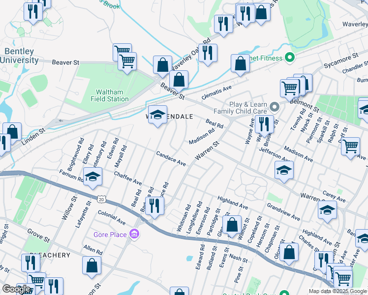 map of restaurants, bars, coffee shops, grocery stores, and more near 5 Cleveland Road in Waltham