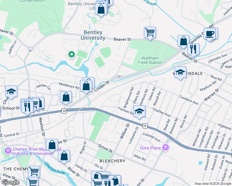 map of restaurants, bars, coffee shops, grocery stores, and more near 74 Rose Hill Way in Waltham