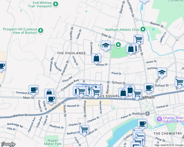 map of restaurants, bars, coffee shops, grocery stores, and more near 91 Francis Street in Waltham