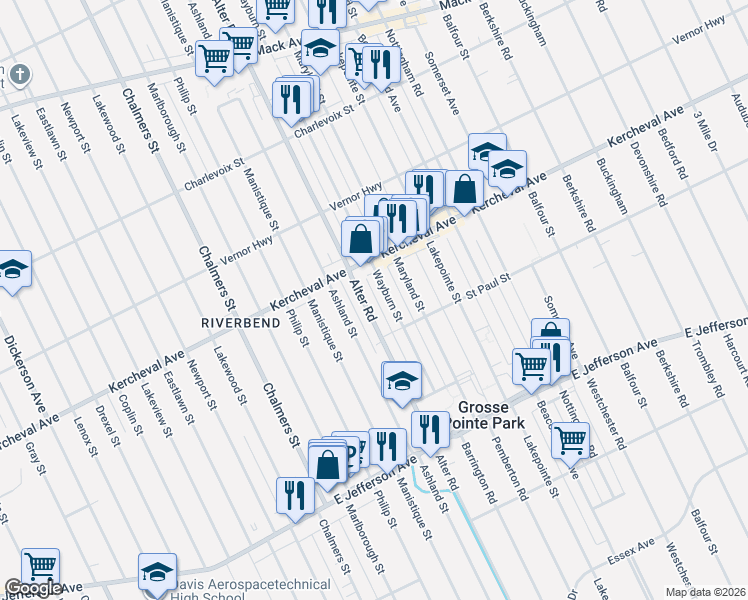 map of restaurants, bars, coffee shops, grocery stores, and more near 1596 Alter Road in Detroit