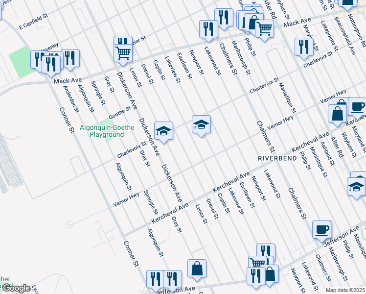 map of restaurants, bars, coffee shops, grocery stores, and more near 2592 Drexel Street in Detroit