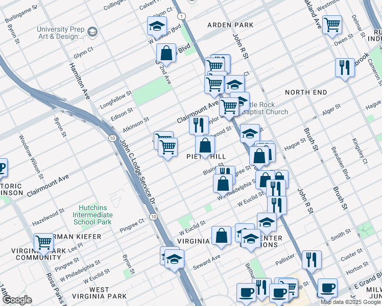 map of restaurants, bars, coffee shops, grocery stores, and more near 671 Hazelwood Street in Detroit