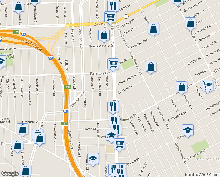 map of restaurants, bars, coffee shops, grocery stores, and more near 12309 Stoepel Street in Detroit