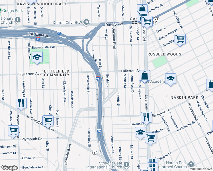 map of restaurants, bars, coffee shops, grocery stores, and more near 3543 Ewald Circle in Detroit