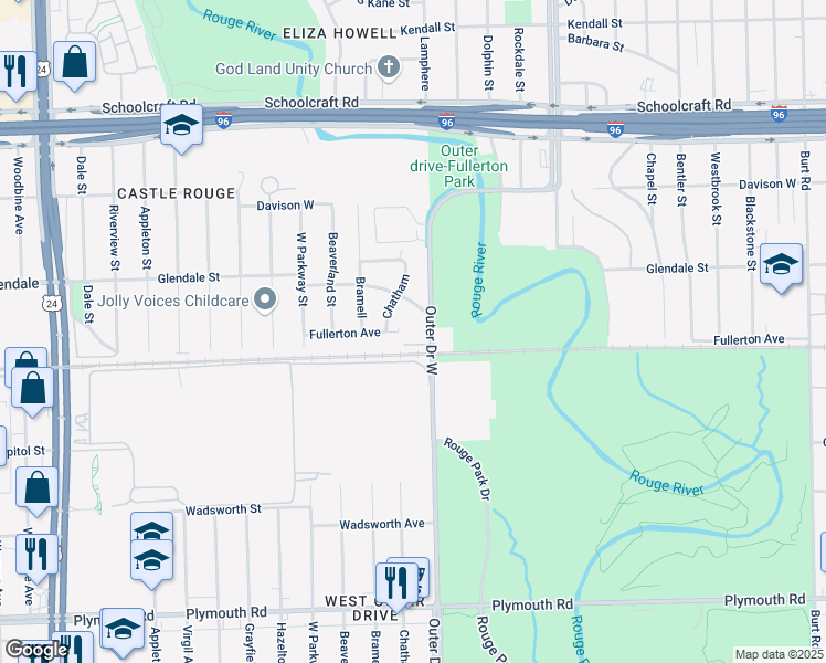 map of restaurants, bars, coffee shops, grocery stores, and more near 13160 Outer Drive West in Detroit