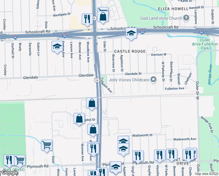 map of restaurants, bars, coffee shops, grocery stores, and more near 12698 Dale Street in Detroit