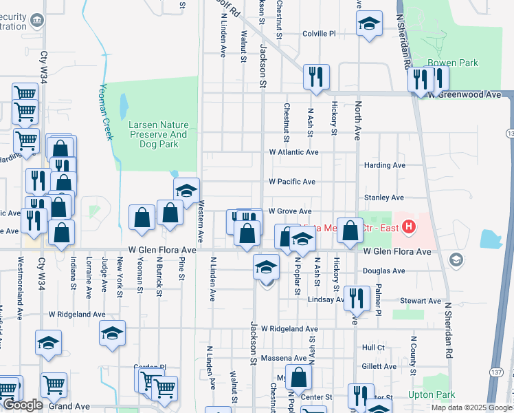 map of restaurants, bars, coffee shops, grocery stores, and more near 1401 North Jackson Street in Waukegan
