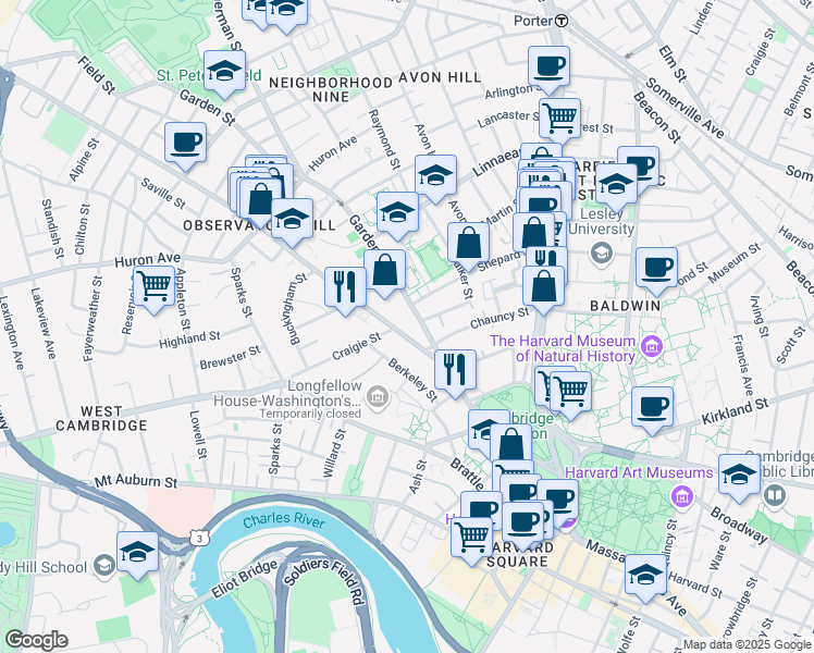 map of restaurants, bars, coffee shops, grocery stores, and more near 27 Concord Avenue in Cambridge
