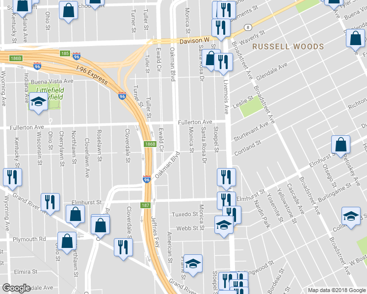map of restaurants, bars, coffee shops, grocery stores, and more near 3529 Oakman Boulevard in Detroit