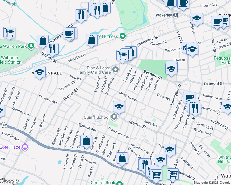 map of restaurants, bars, coffee shops, grocery stores, and more near 123 Madison Ave in Watertown