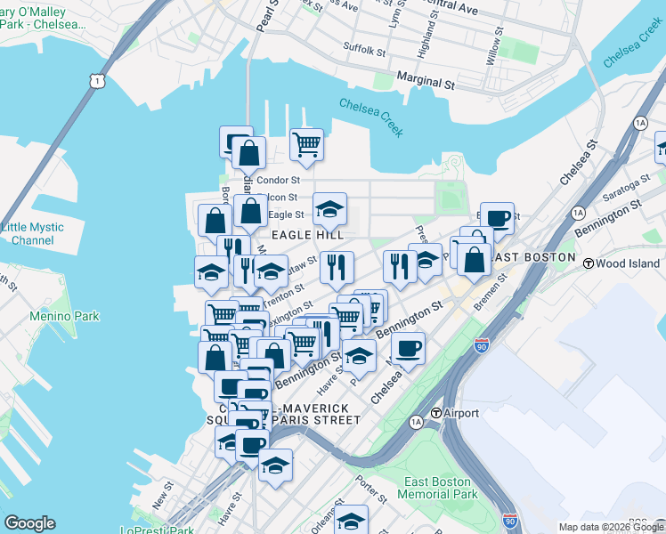 map of restaurants, bars, coffee shops, grocery stores, and more near 166 Brooks Street in Boston