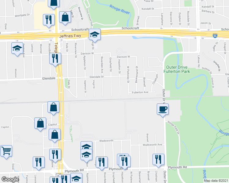 map of restaurants, bars, coffee shops, grocery stores, and more near 12636 Grayfield Street in Detroit