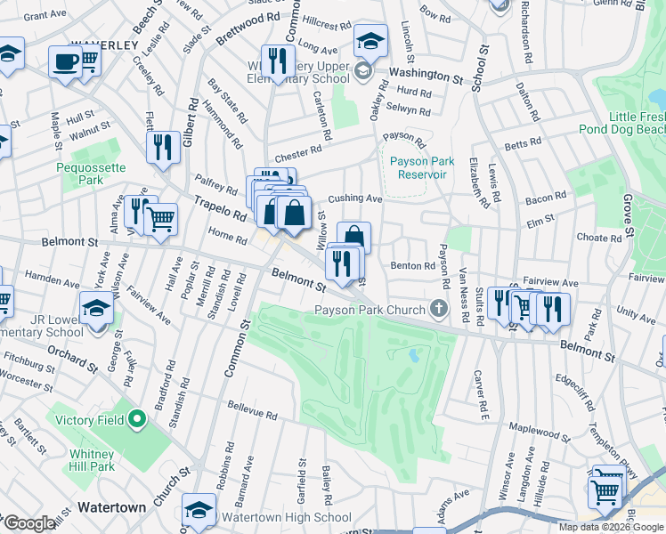 map of restaurants, bars, coffee shops, grocery stores, and more near 41 Trapelo Road in Belmont