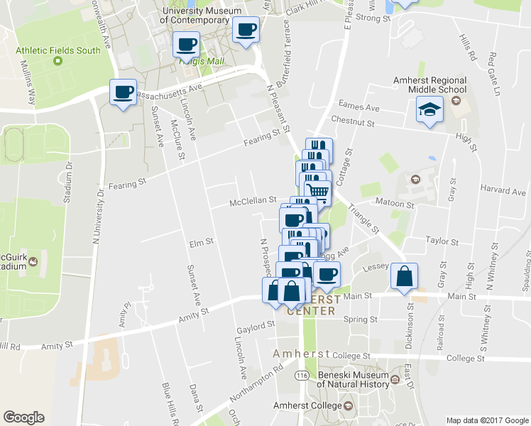 map of restaurants, bars, coffee shops, grocery stores, and more near 39 Hallock St in Amherst