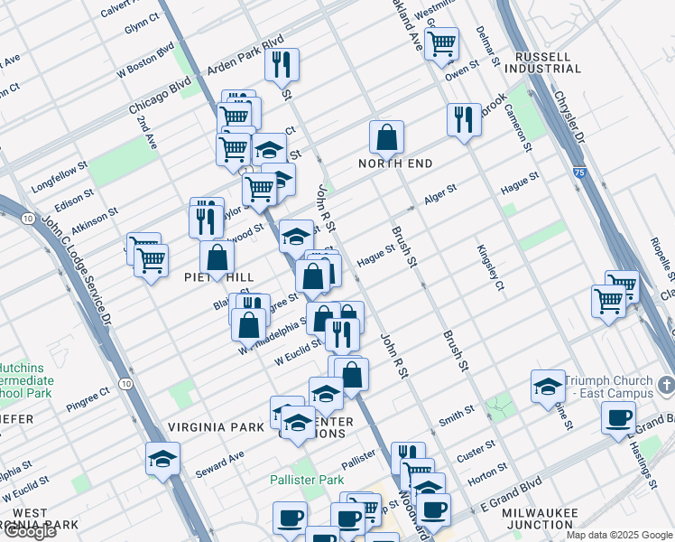 map of restaurants, bars, coffee shops, grocery stores, and more near 81 Hague Street in Detroit
